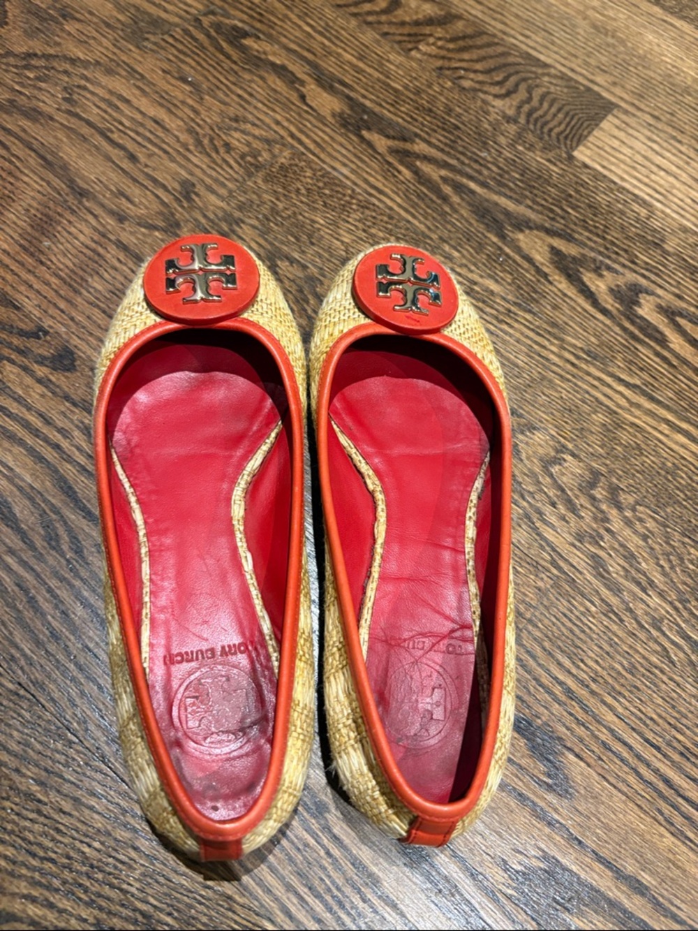 Tory Burch Red and Natural Woven Logo Ballet Flats